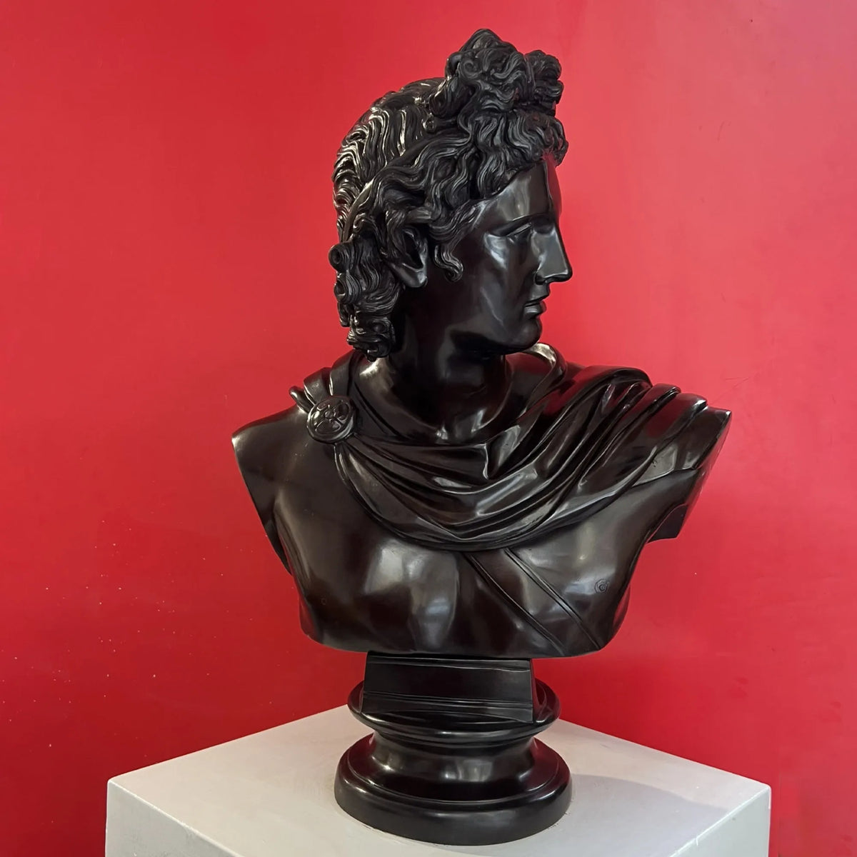 Busto di Apollo in bronzo scuro, copia dell’originale dei Musei Vaticani, fotografato di profilo su base decorativa con sfondo rosso.