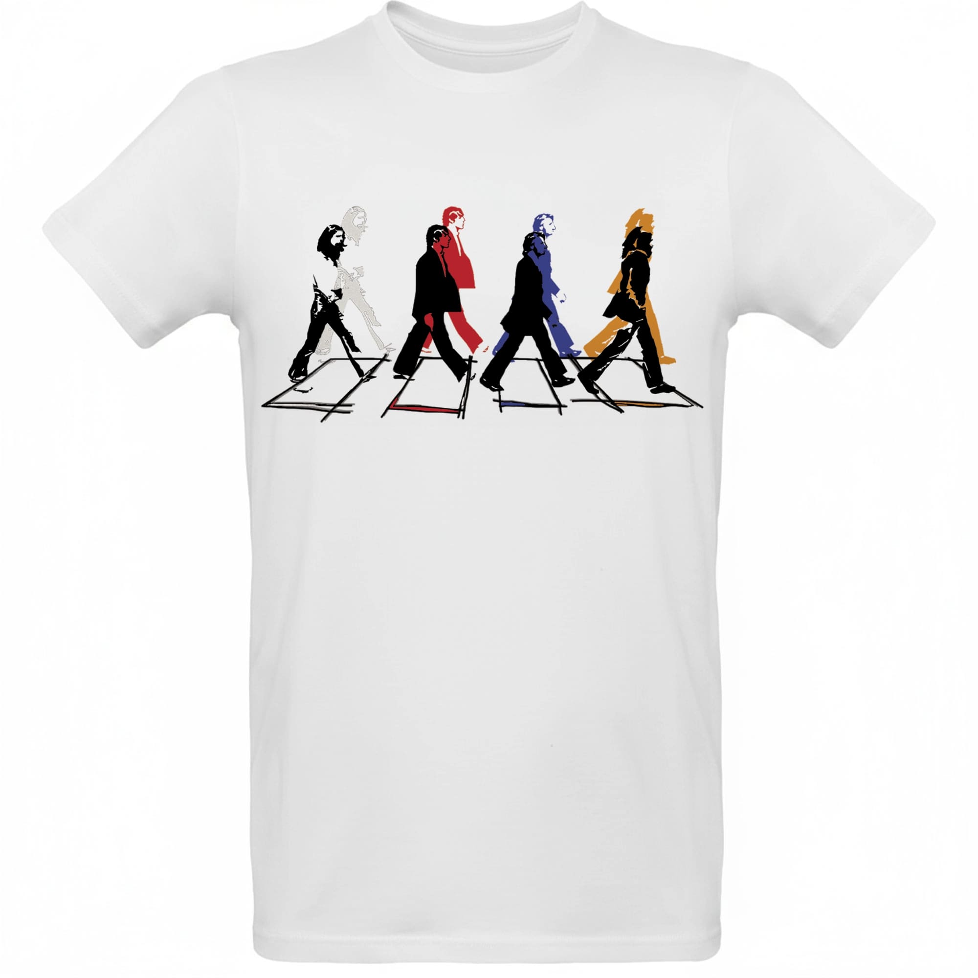 T-shirt “Crosswalk” ispirata ai Beatles, con quattro silhouette su un passaggio pedonale.