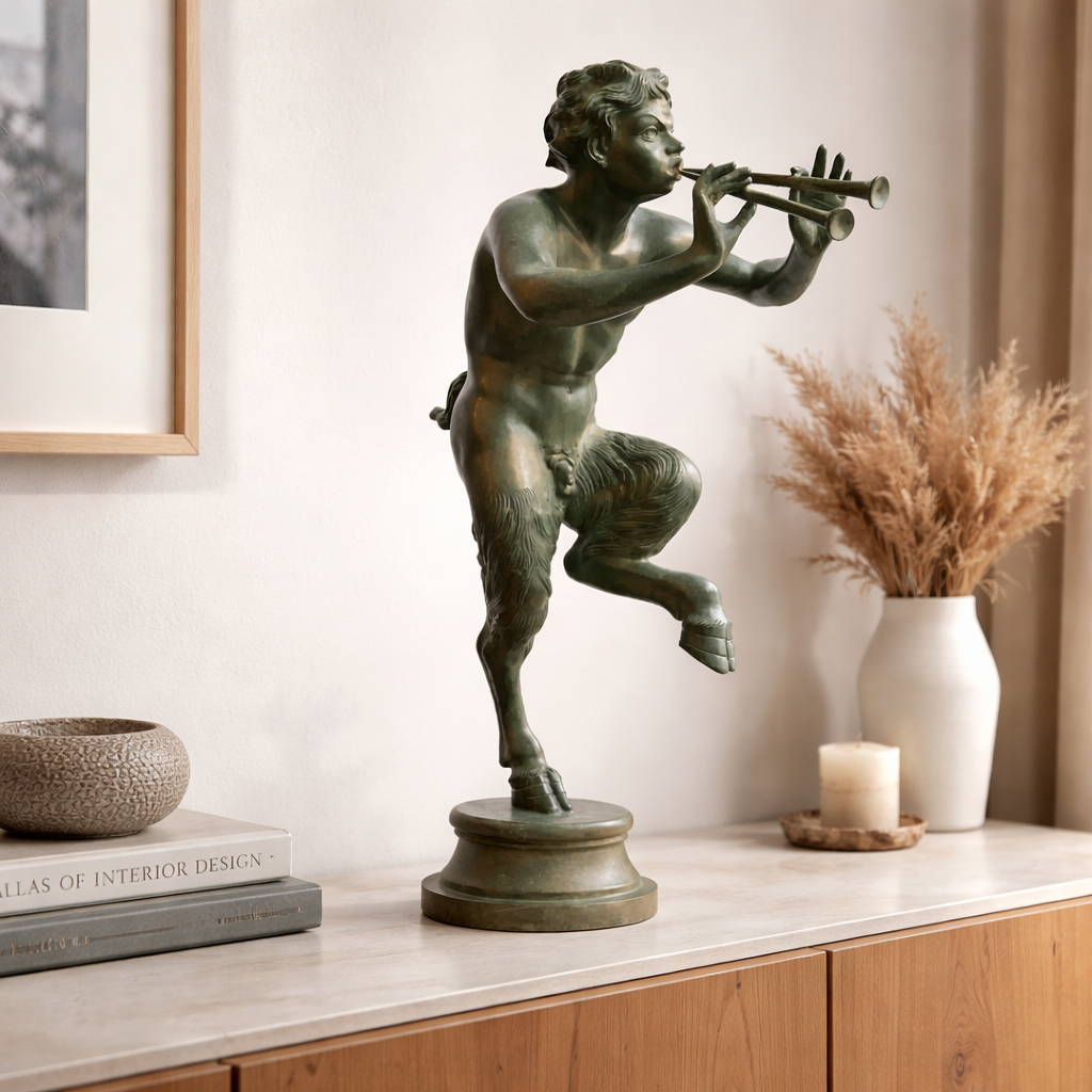 Estatua de Bronce del Fauno con Pífanos - Elegancia y Mitología de la Antigua Roma