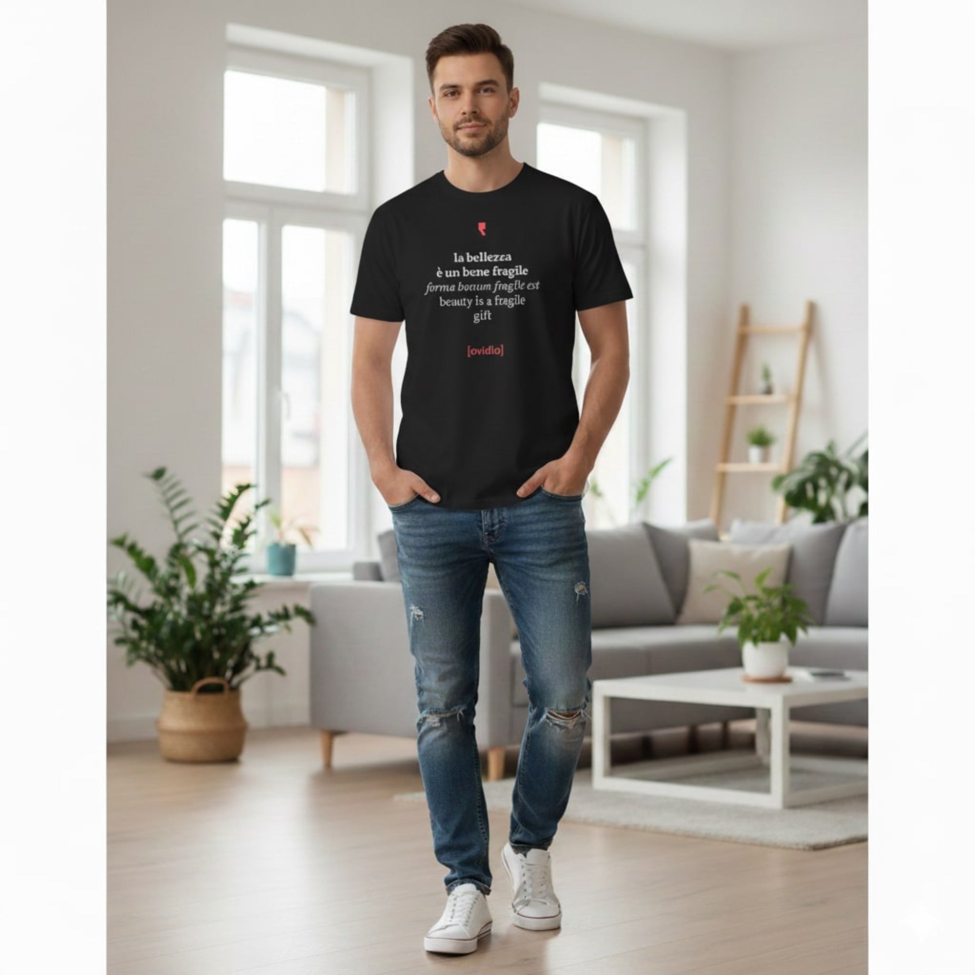 T-shirt da uomo “Ovidio Concettuale” con grafica artistica ispirata ai temi della poesia classica.