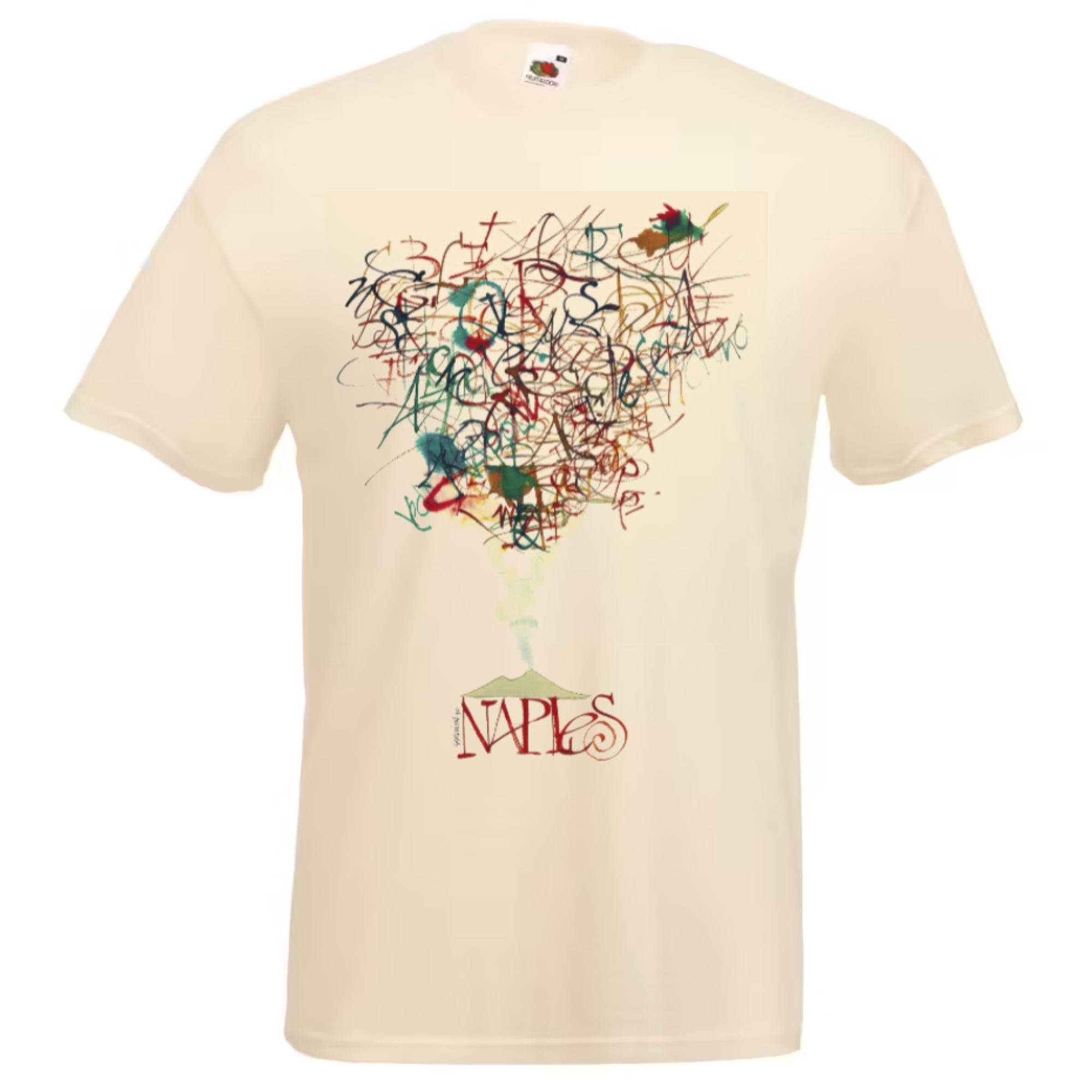T-shirt unisex in cotone naturale con design artistico “Lettering Napoli” ispirato al Vesuvio.