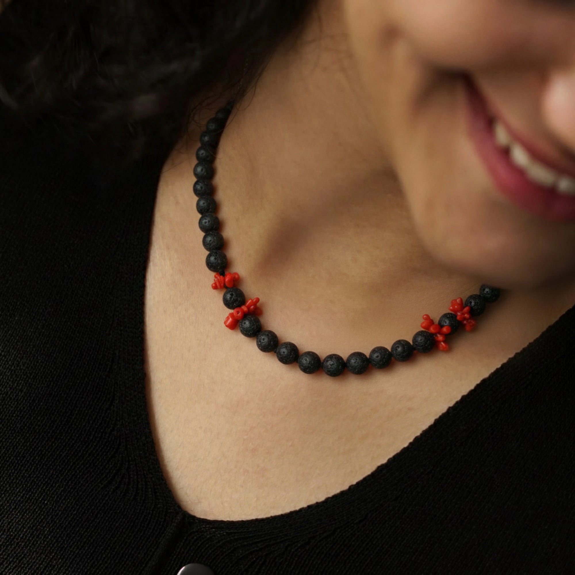 Necklace with Lava Stone, Red Coral and Onyx