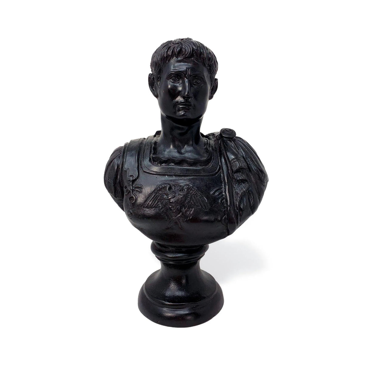 Busto di Augusto imperatore romano in bronzo scuro, con armatura decorata, capelli scolpiti e base rotonda, fotografato frontalmente su fondo bianco.