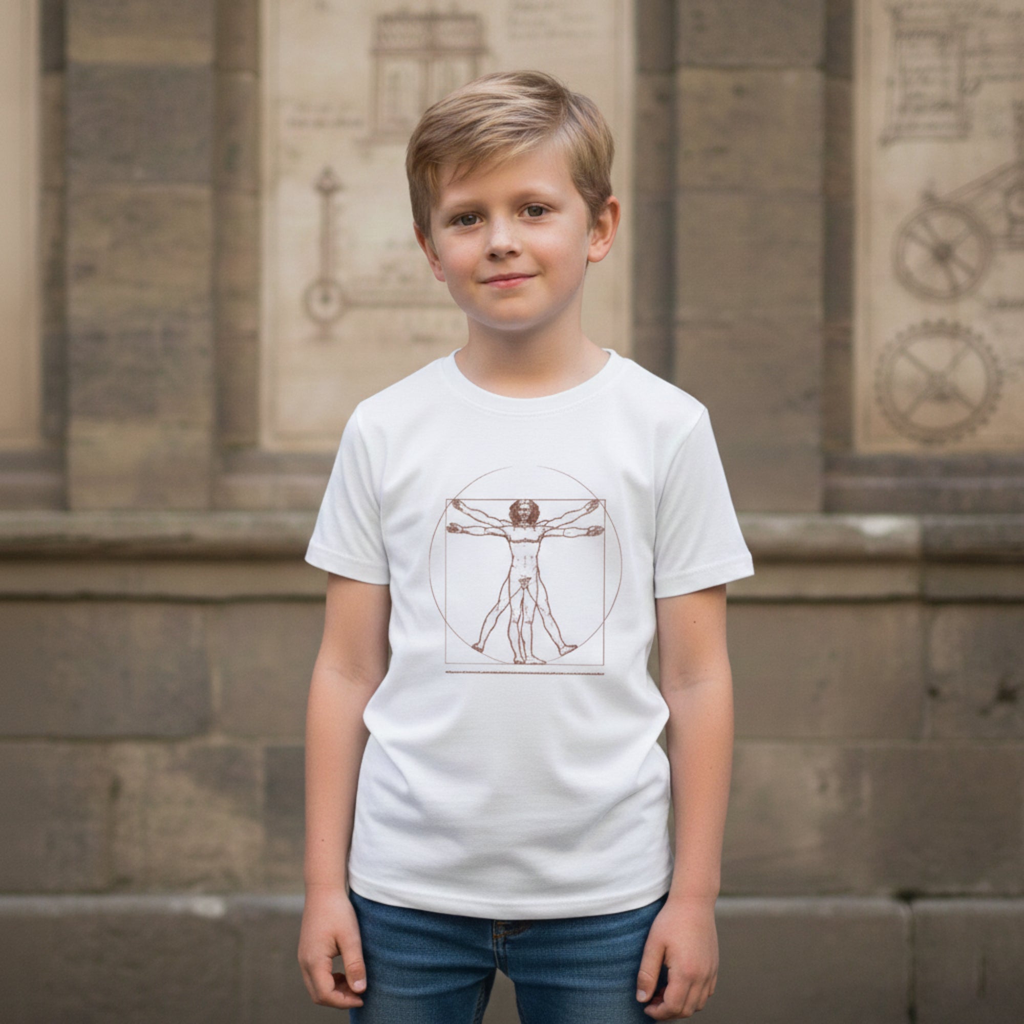 T-shirt bambino in cotone con stampa dell’Uomo Vitruviano di Leonardo da Vinci.