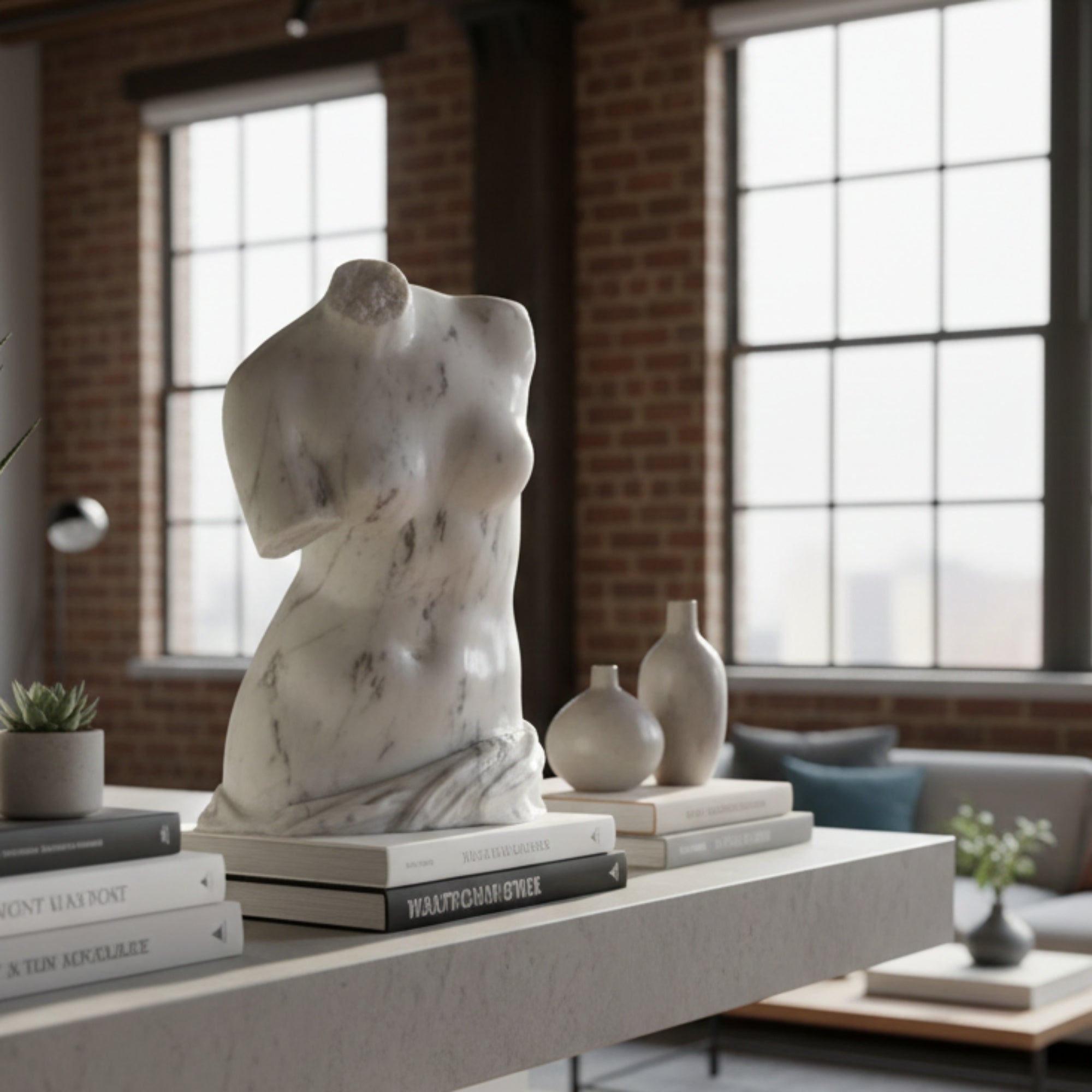 Torso in marmo di Carrara in interno loft.