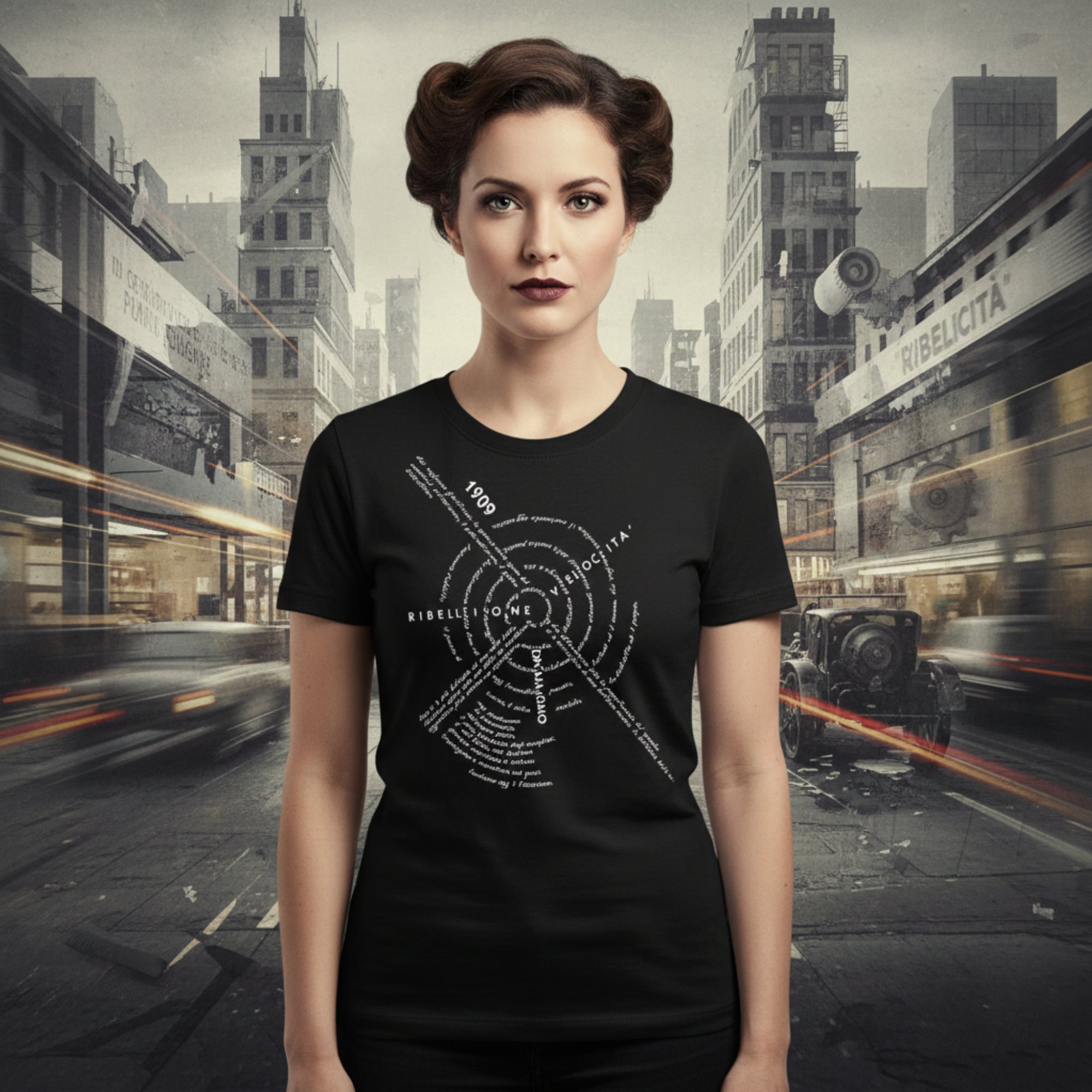T-shirt donna in cotone ispirata ai manifesti futuristi italiani.
