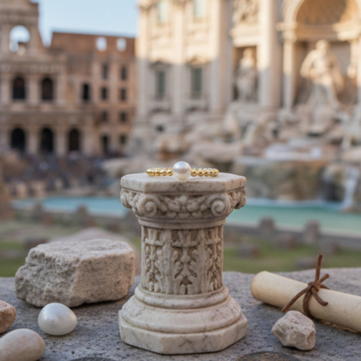 Anello di Pompei con perla bianca su una colonnina decorata, con fontana sullo sfondo