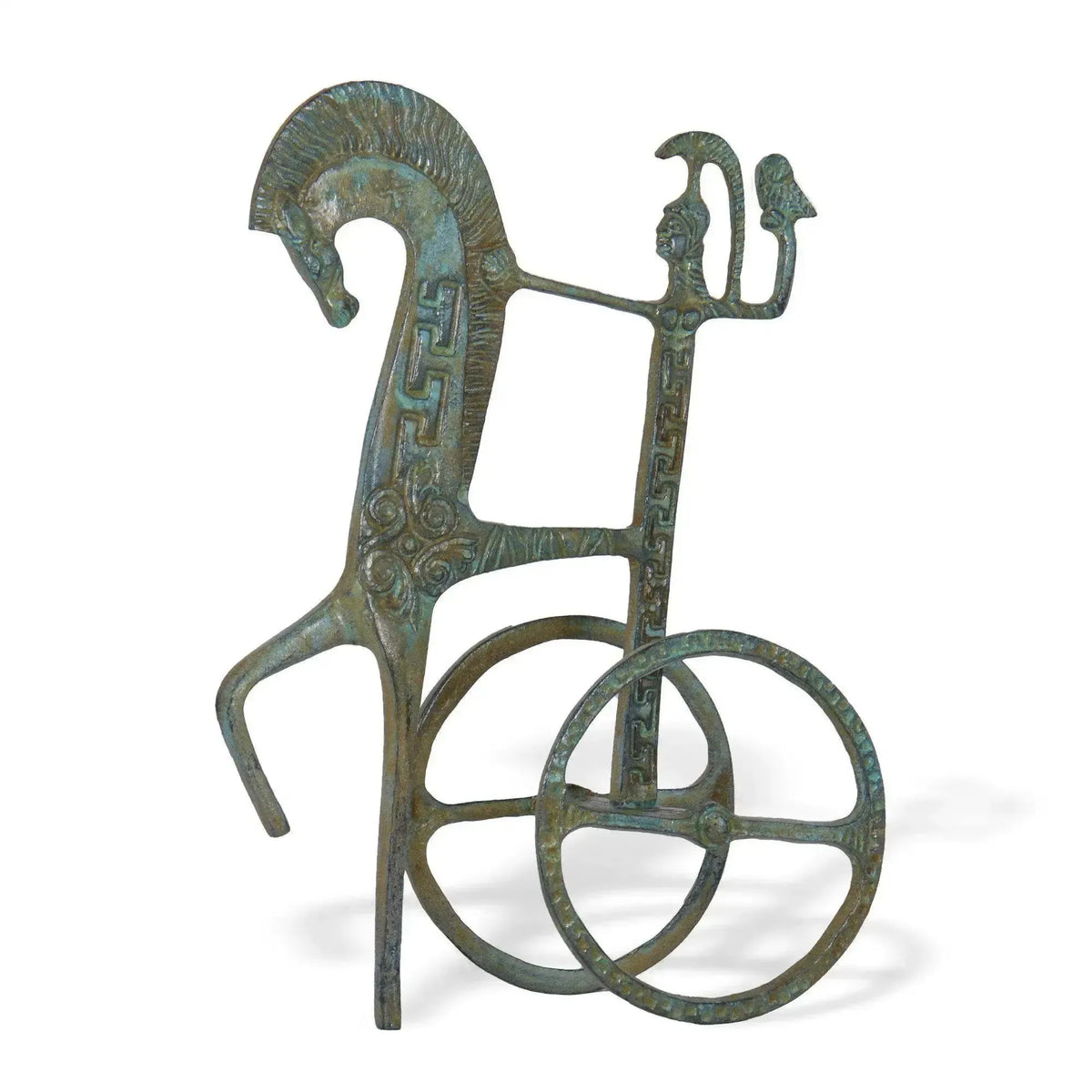 Greek bronze chariot with green patina, stylized horse, decorative wheels, and ornamental details on a white background.