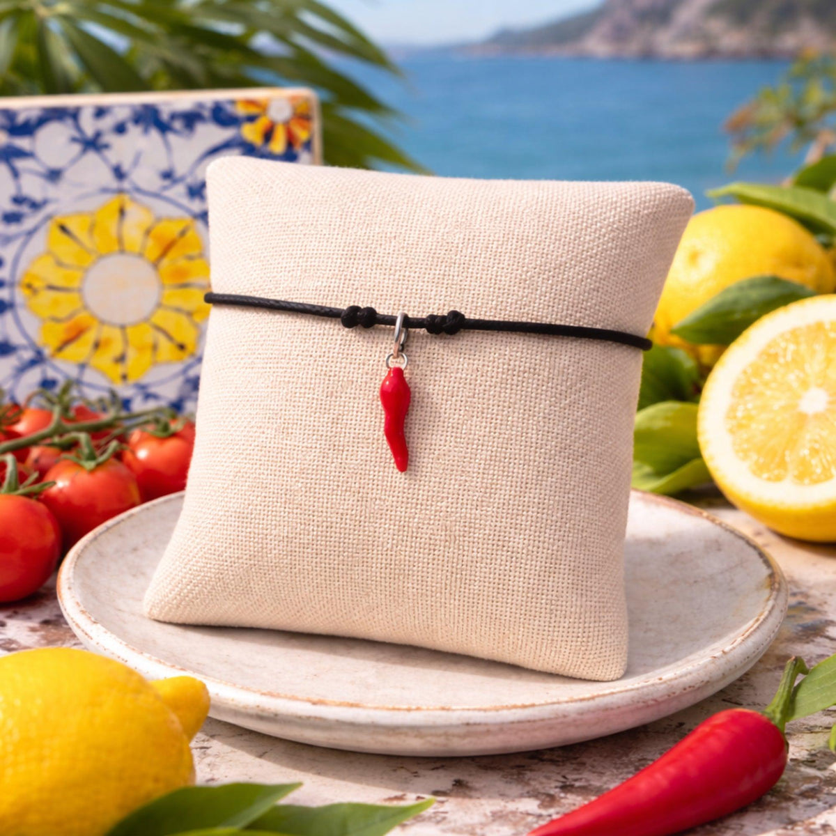 Bracciale con piccolo corno rosso su un cuscino chiaro, tra limoni e pomodori con il mare sullo sfondo