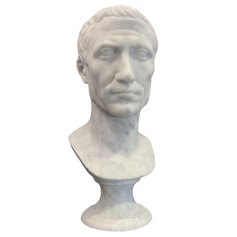 Busto di Giulio Cesare in marmo bianco di Carrara,  vista frontale su fondo bianco.