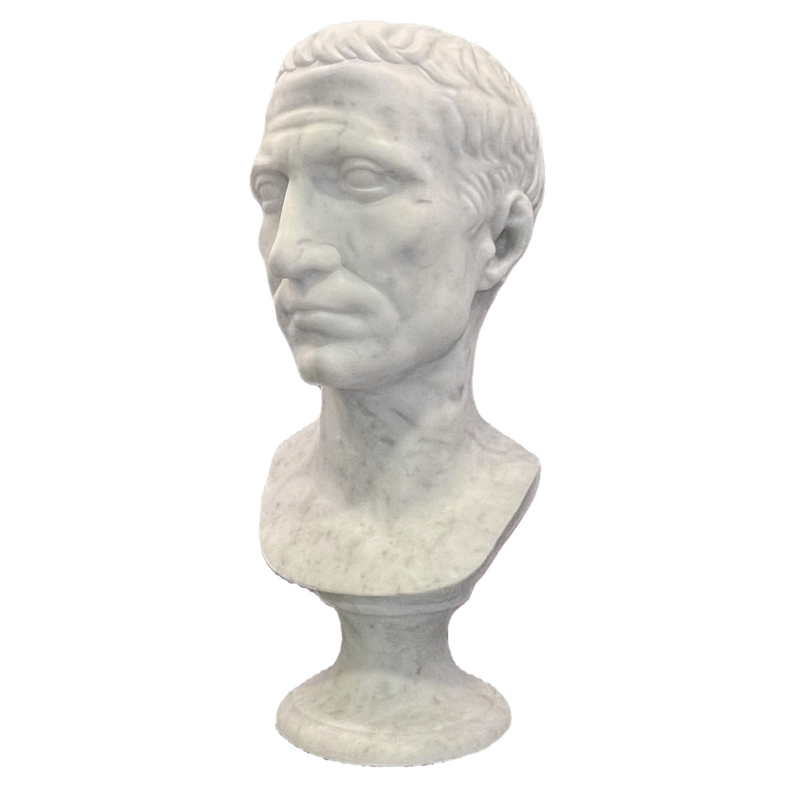 Busto di Giulio Cesare in marmo bianco di Carrara,  vista a tre quarti su fondo bianco.