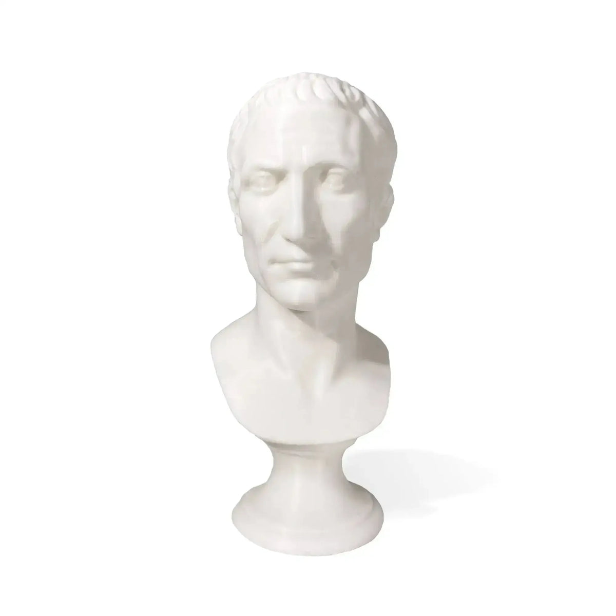 Busto di Giulio Cesare stampato in 3D bianco, vista frontale su fondo bianco.