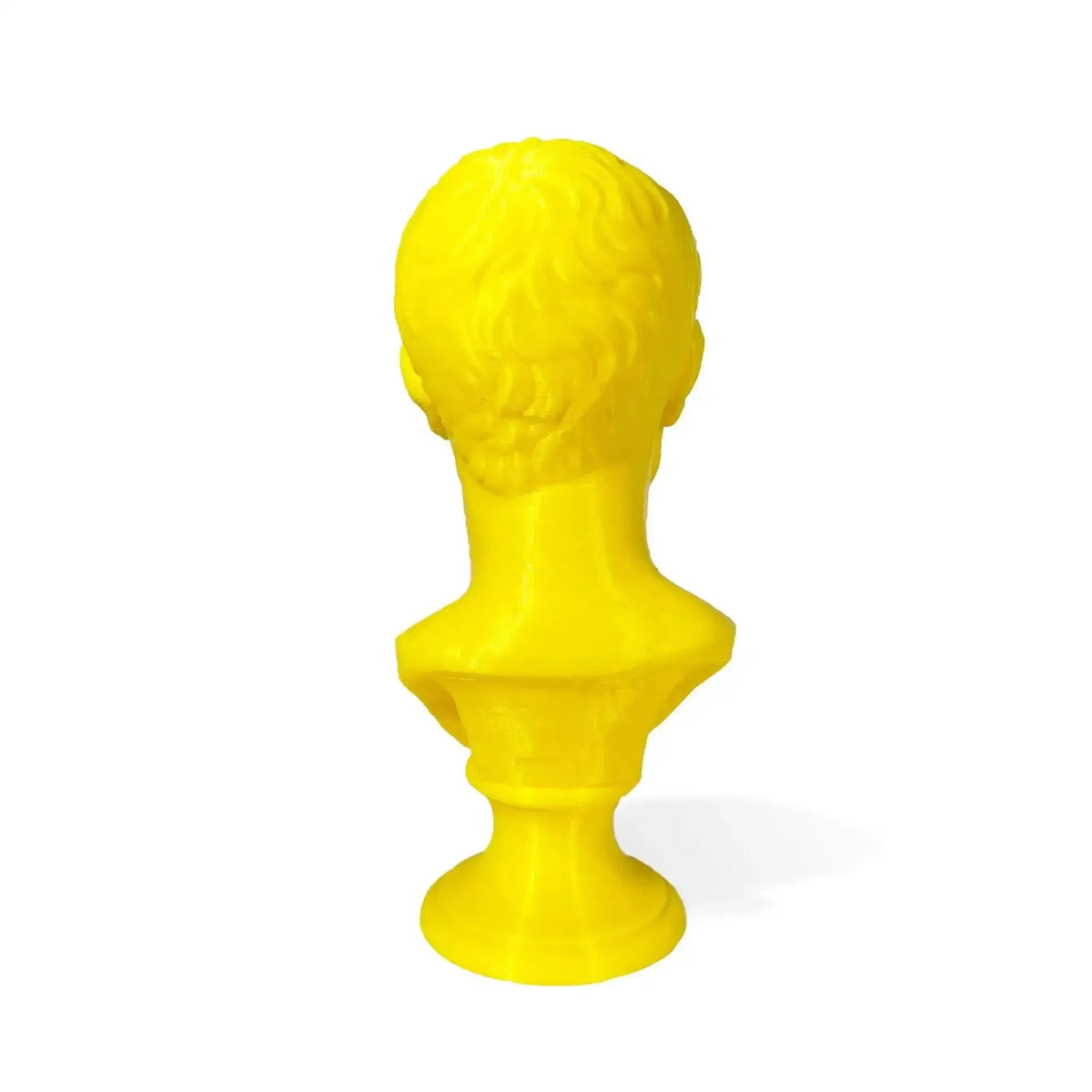 Busto di Giulio Cesare stampato in 3D giallo, vista posteriore su fondo bianco.