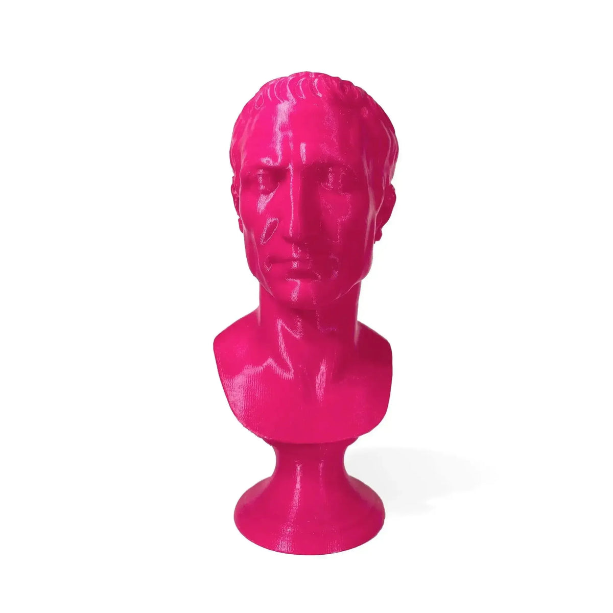 Busto di Giulio Cesare stampato in 3D magenta, vista frontale su fondo bianco.