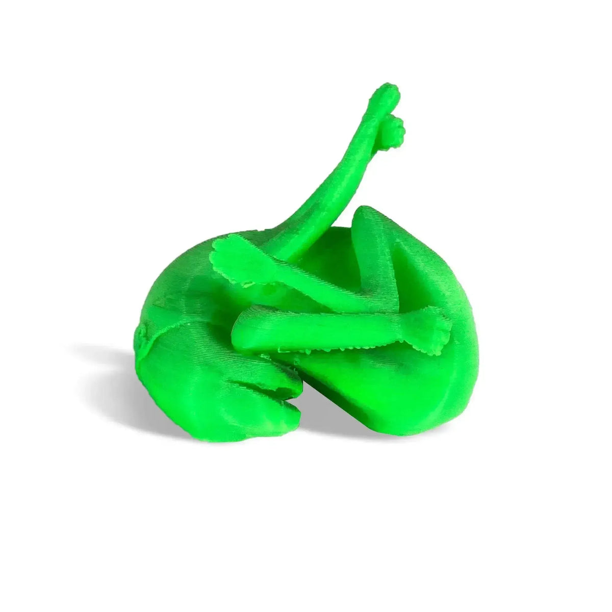 Replica del calco del cane di Pompei in PLA verde, con corpo ripiegato e zampe sollevate, su fondo bianco.