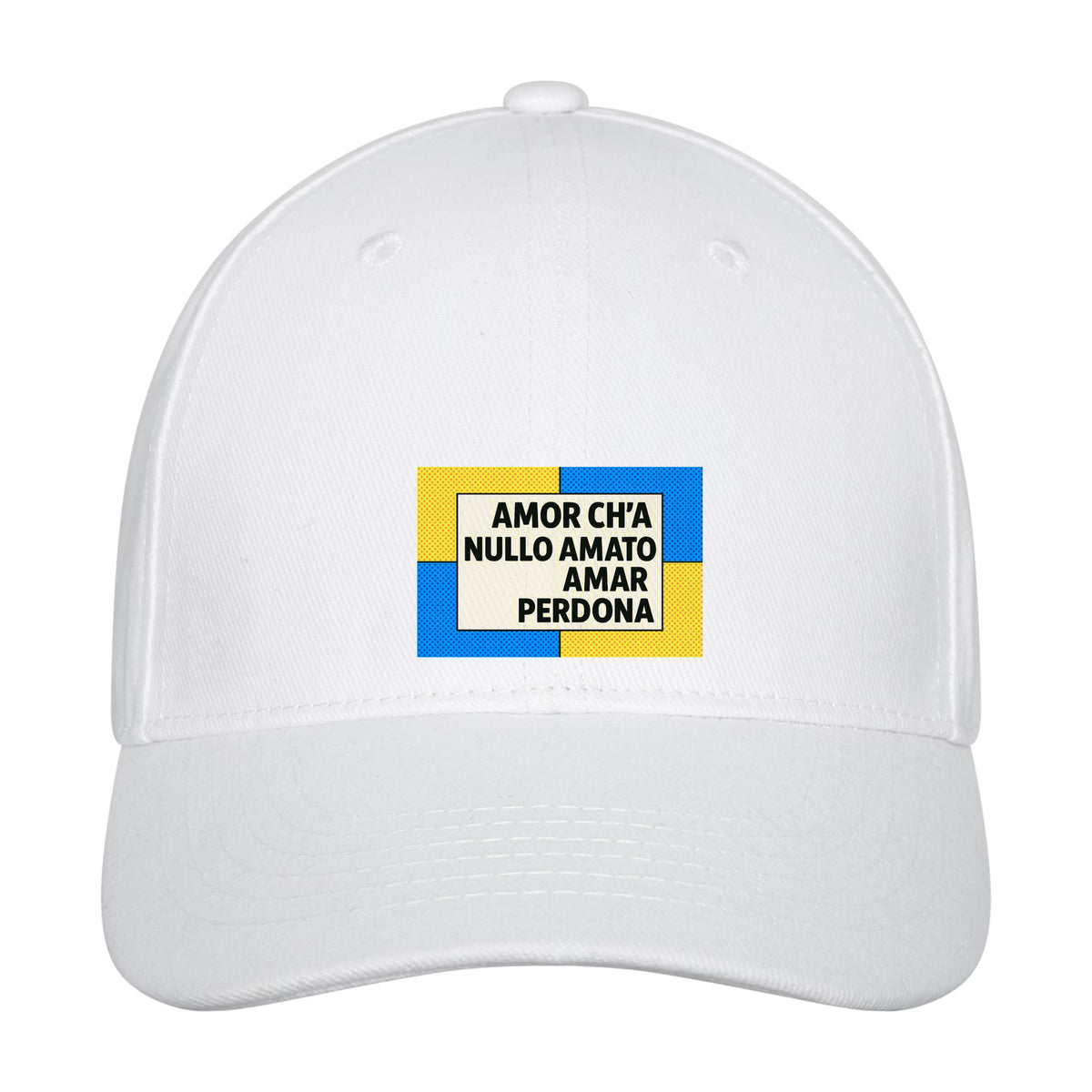 White hat with a verse from Dante Amor ch’a nullo amato