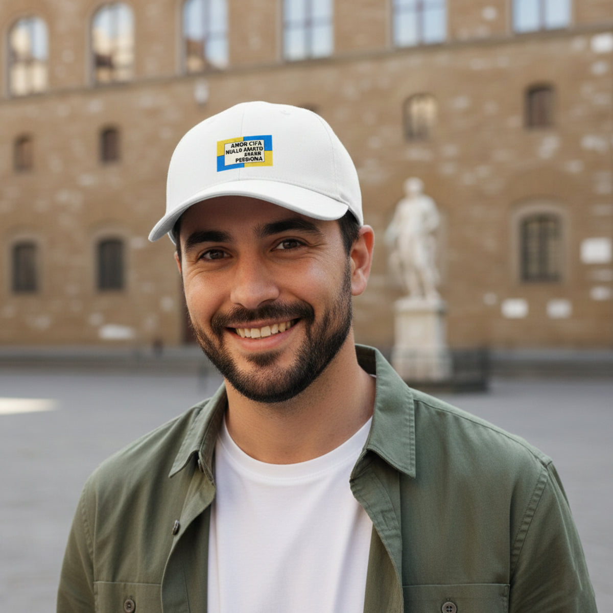 White hat with a verse from Dante Amor ch’a nullo amato