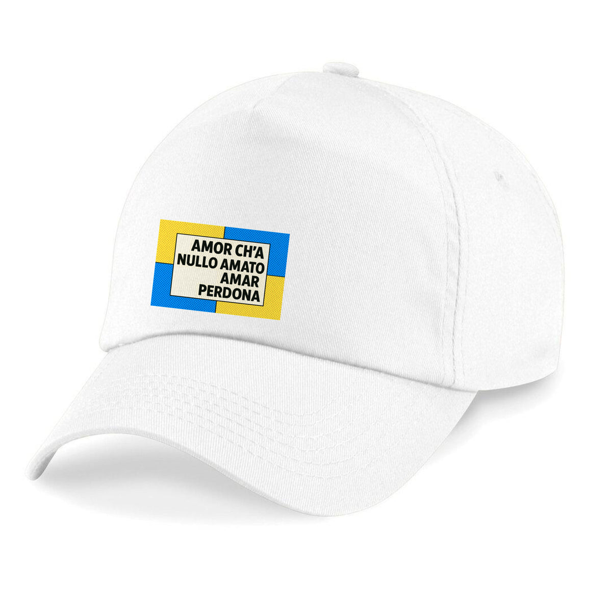White hat with a verse from Dante Amor ch’a nullo amato