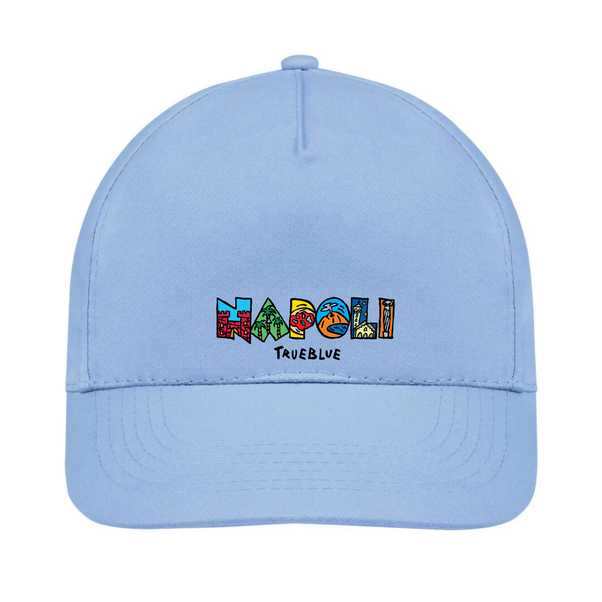 Hellblaue Napoli-Mütze mit mehrfarbigem, gesticktem Logo, Frontalansicht.