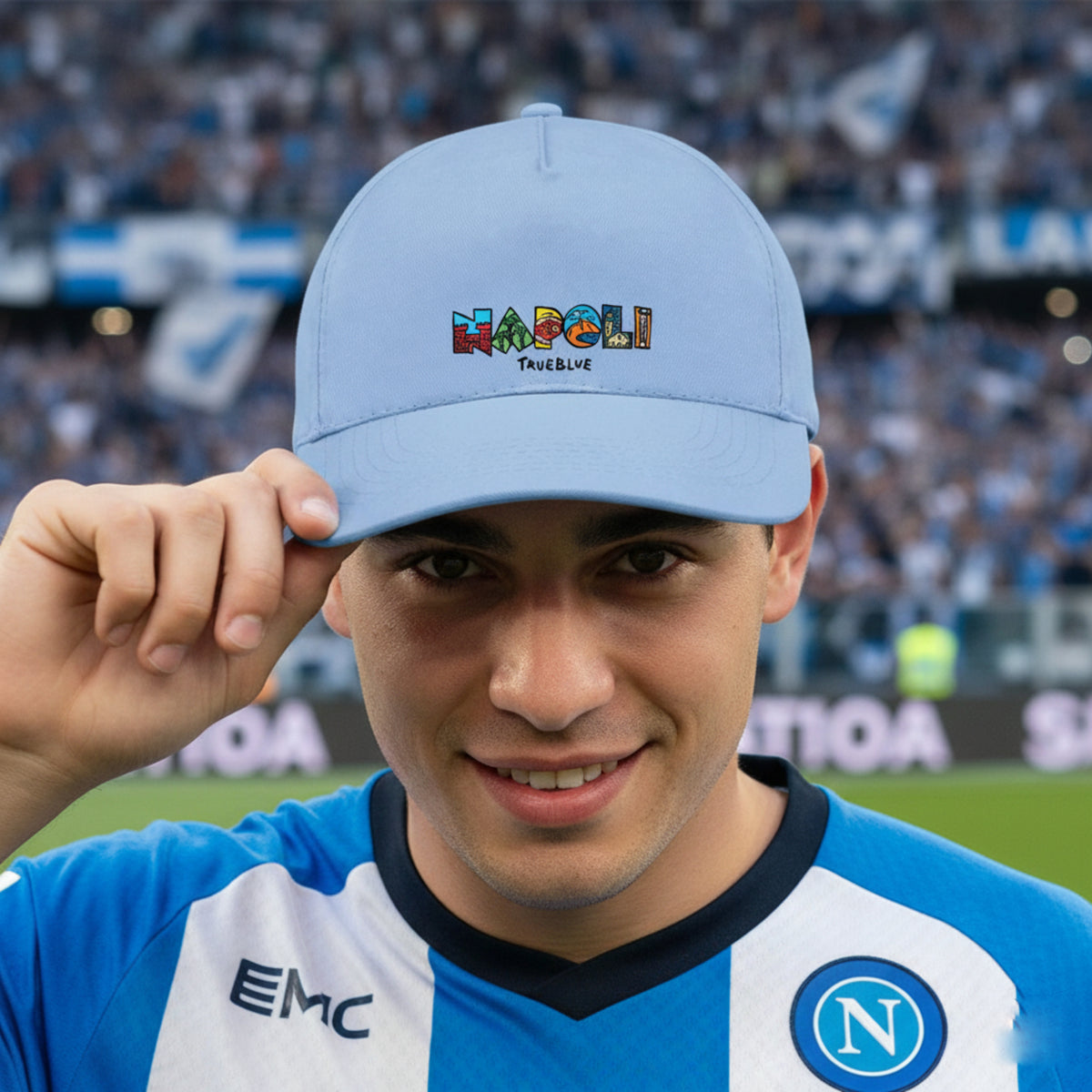 Person, die eine hellblaue Napoli-Mütze in einem Stadion trägt, Frontalansicht.