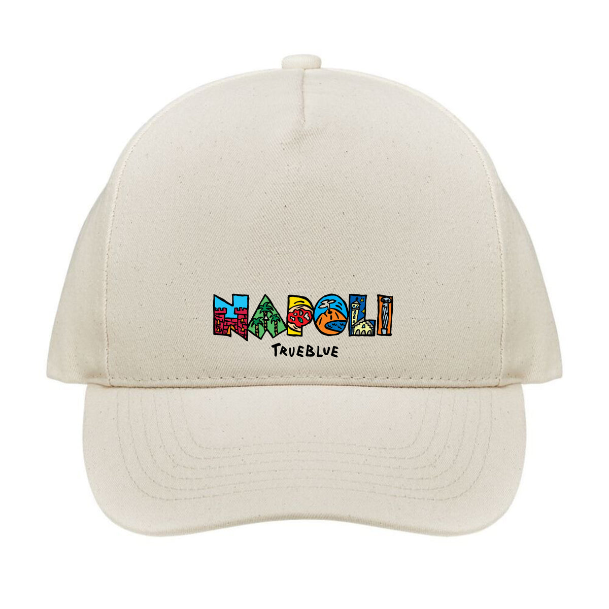 Natürliche Napoli-Mütze mit mehrfarbigem, gesticktem Logo, Frontalansicht.