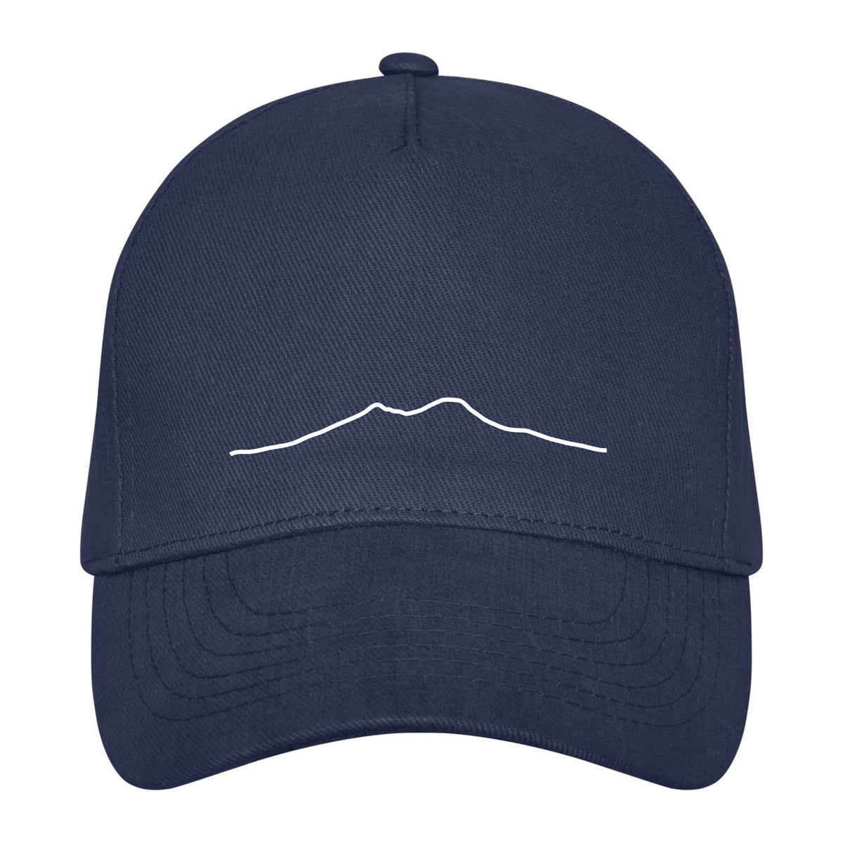 Blue hat with Vesuvio embroidery, front view.
