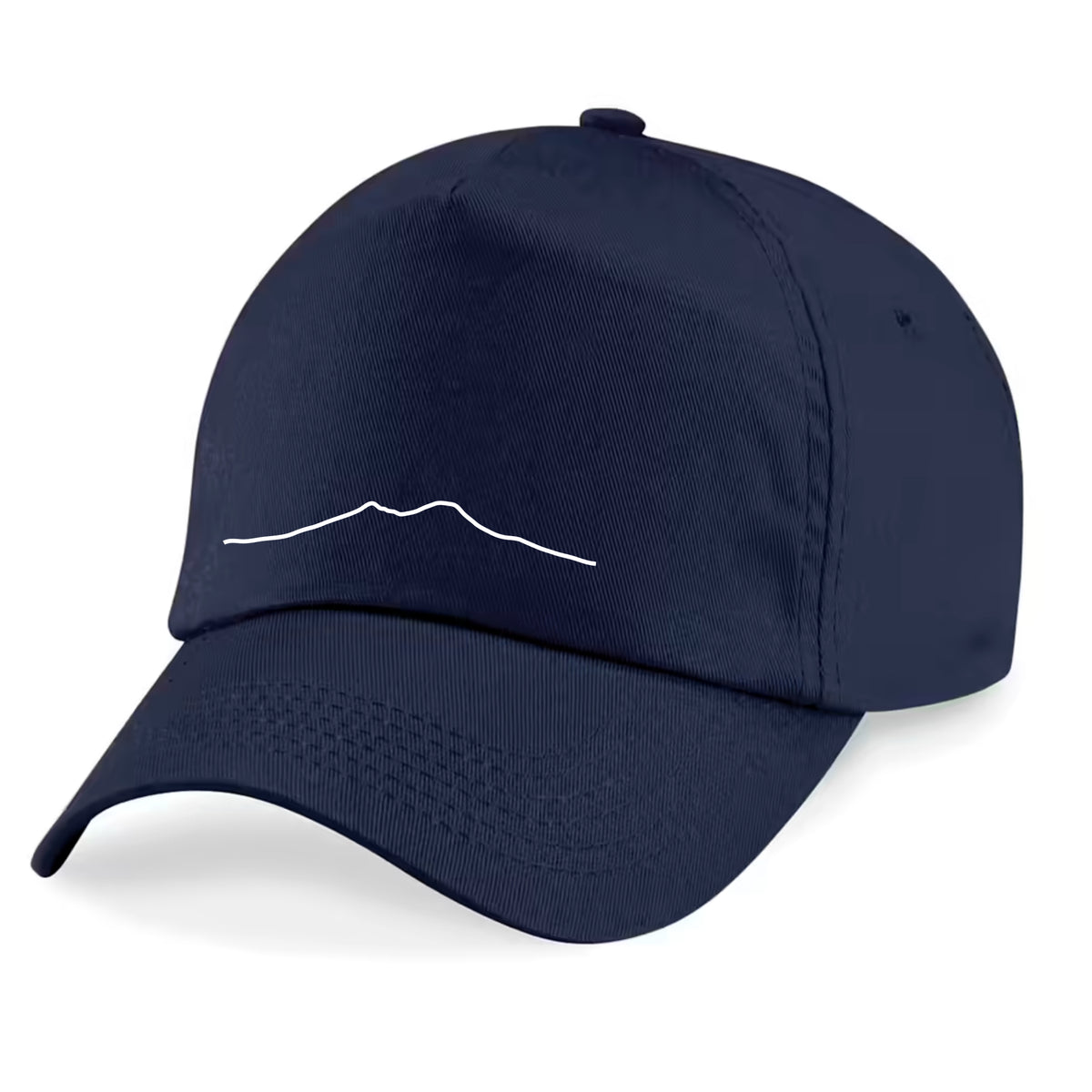 Blue hat with Vesuvio embroidery, angled side view.