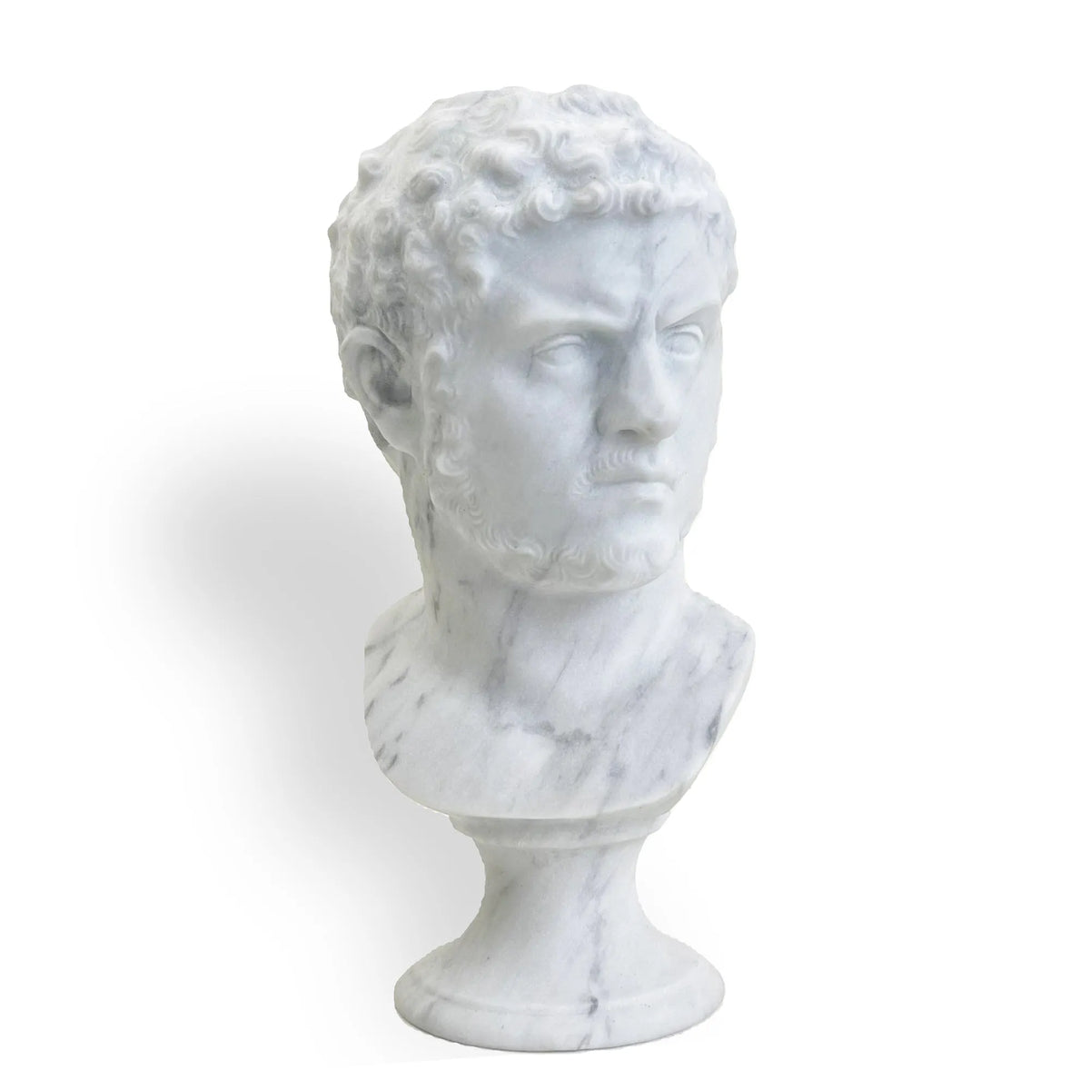 Busto dell’imperatore Caracalla in marmo bianco di Carrara, vista frontale su fondo bianco.