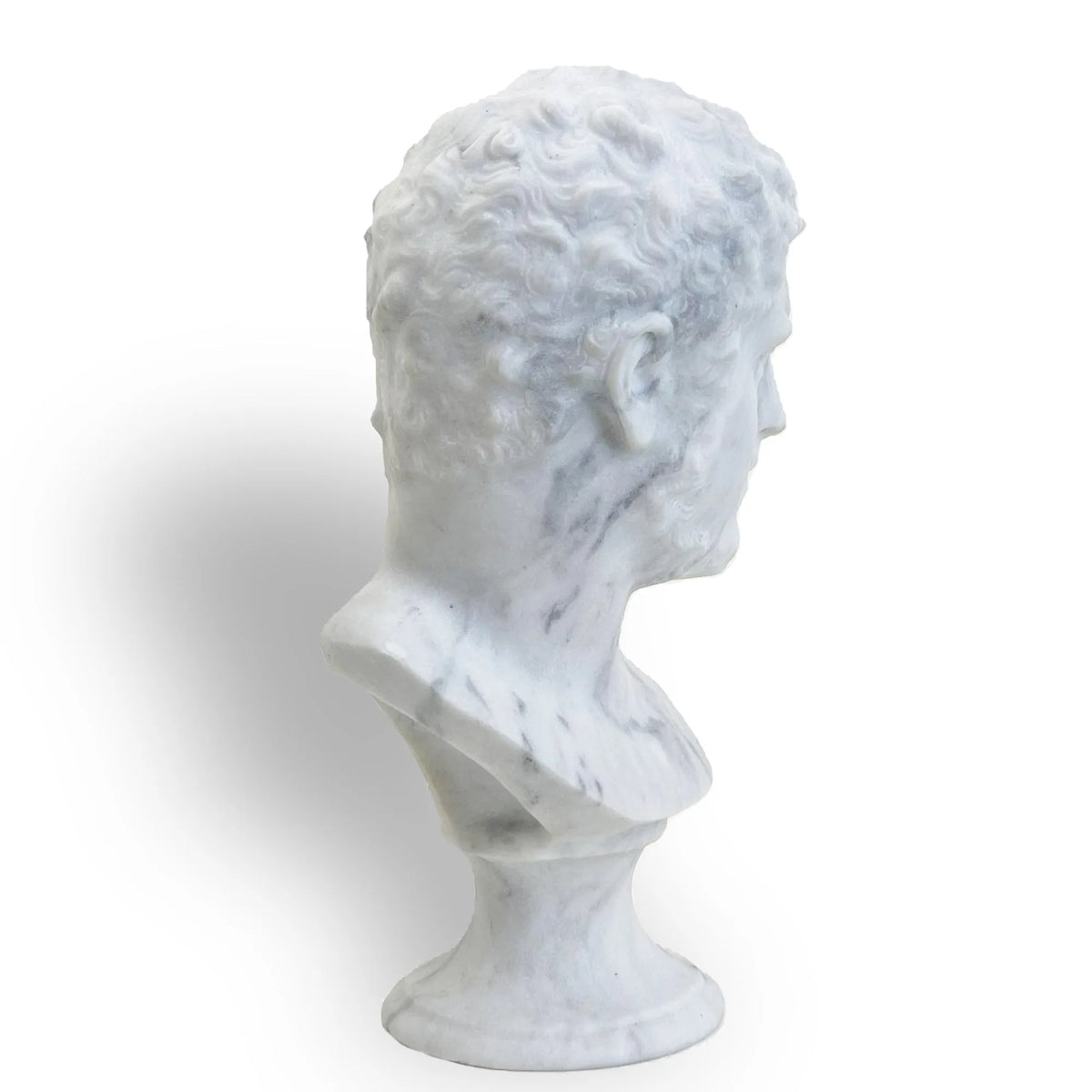 Busto dell’imperatore Caracalla in marmo bianco di Carrara, vista laterale su fondo bianco.