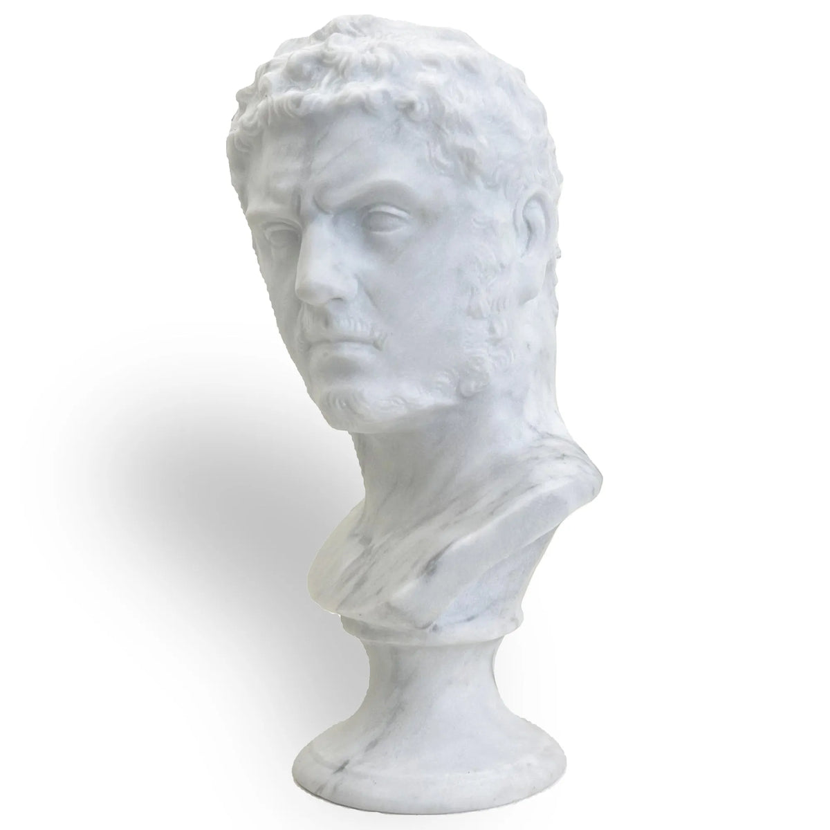 Busto di Caracalla in marmo di Carrara, vista di tre quarti dal lato opposto su fondo bianco.