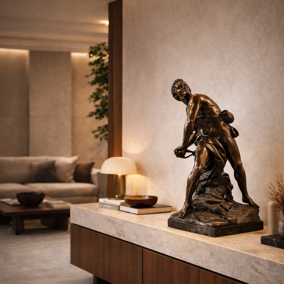 David di Bernini in bronzo brunito su una console, in un soggiorno con divano e lampada.