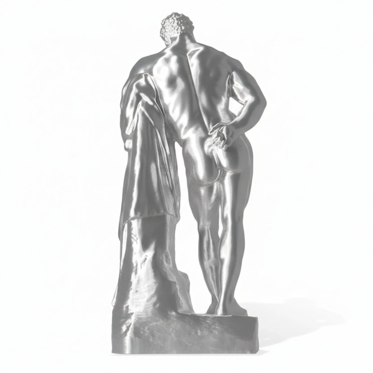 Ercole Farnese stampato in 3D argentato, vista posteriore su fondo bianco.