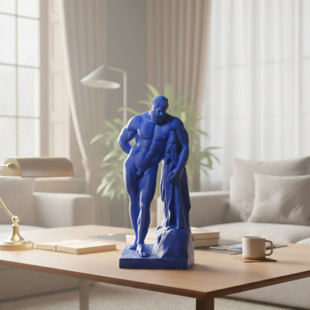 Ercole Farnese stampato in 3D blu, su un tavolino in un salotto luminoso.
