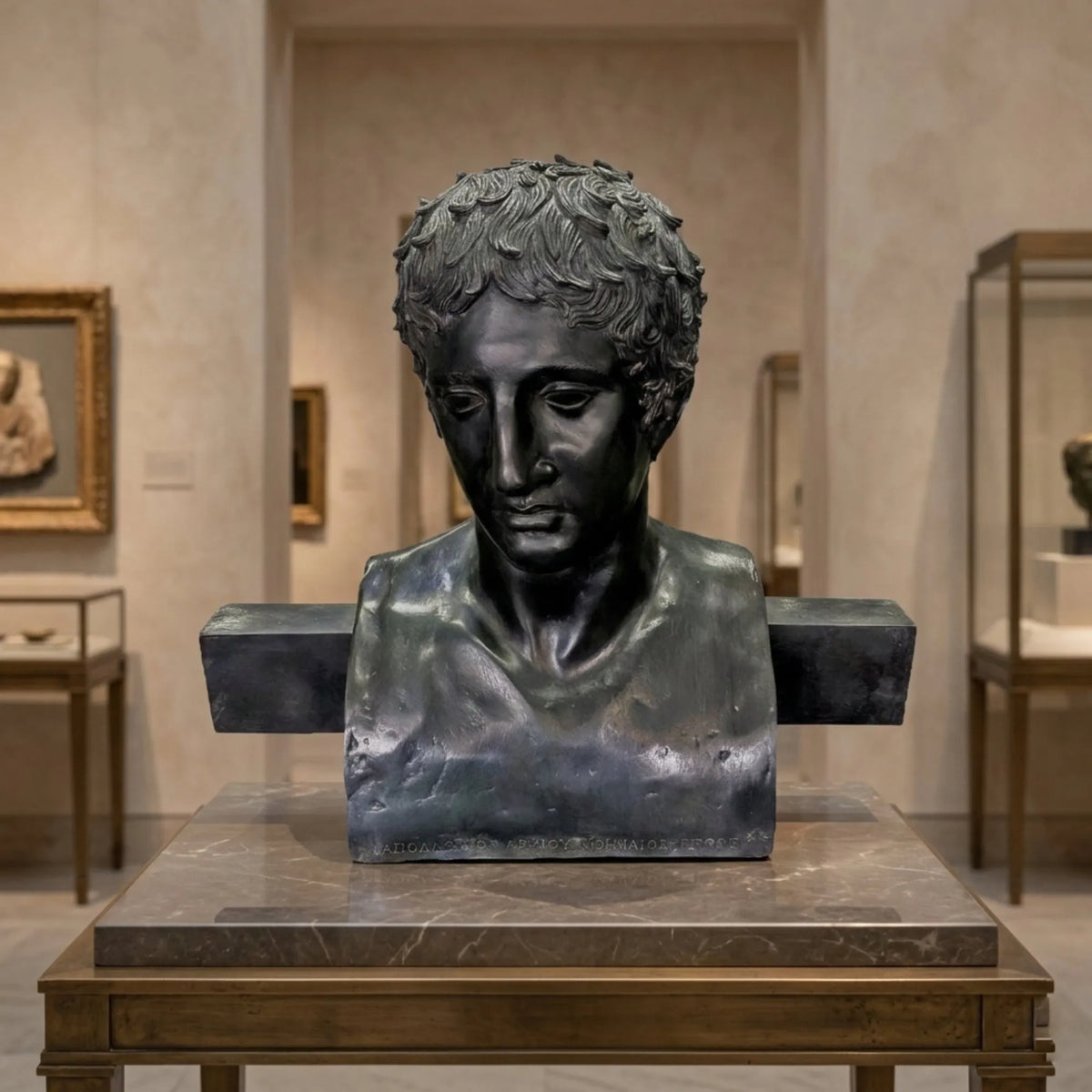 Erma di Doriforo in bronzo scuro su un piedistallo, in una sala con vetrine e opere incorniciate.