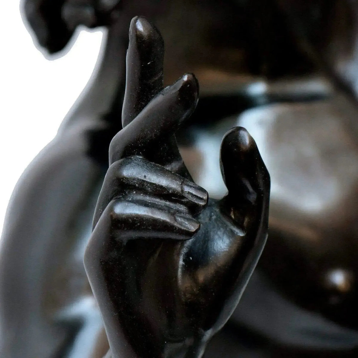 Dancing Faun of Pompeii, Black Patina. Detail on the hand