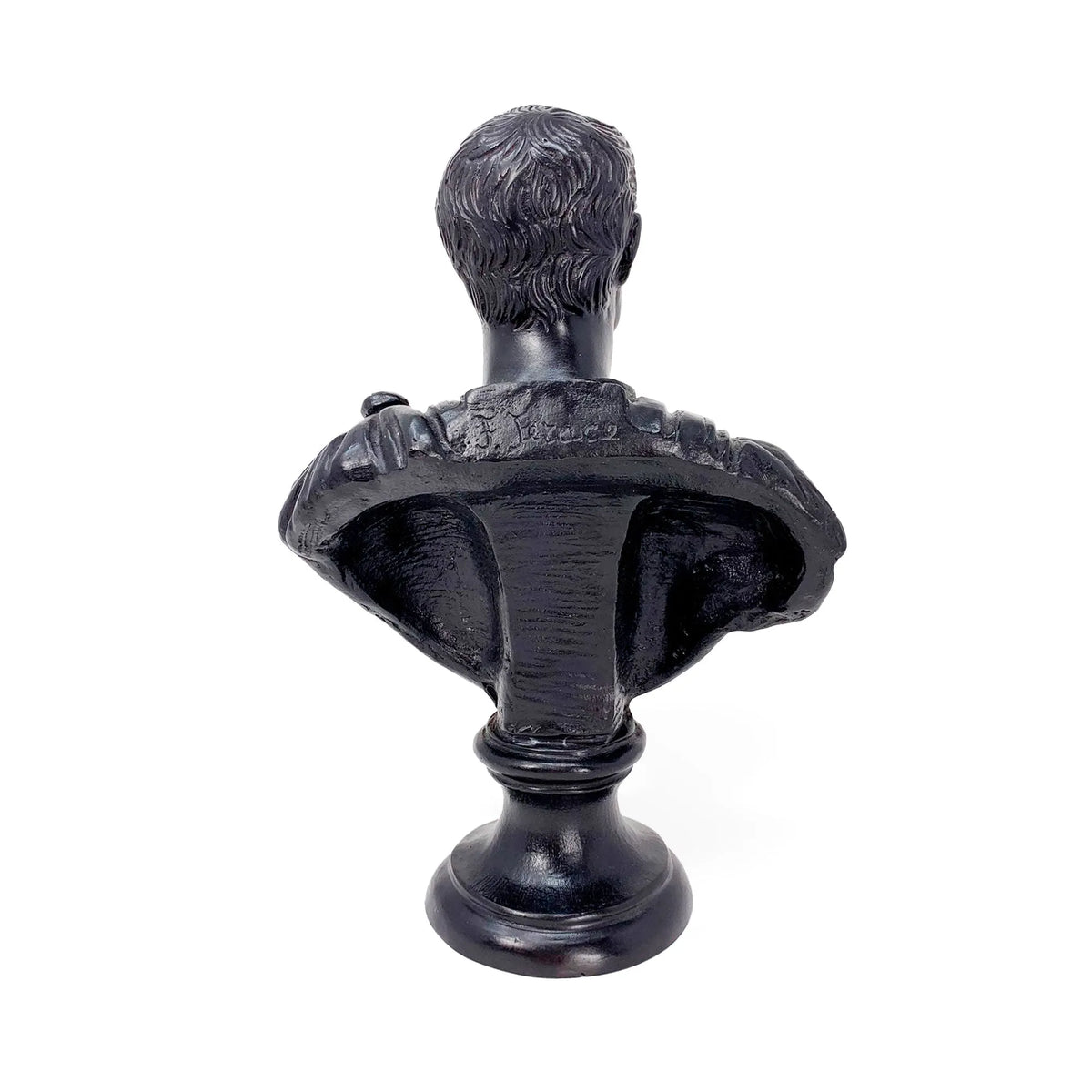 Busto di Giulio Cesare in bronzo con patina nera, vista posteriore su fondo bianco.