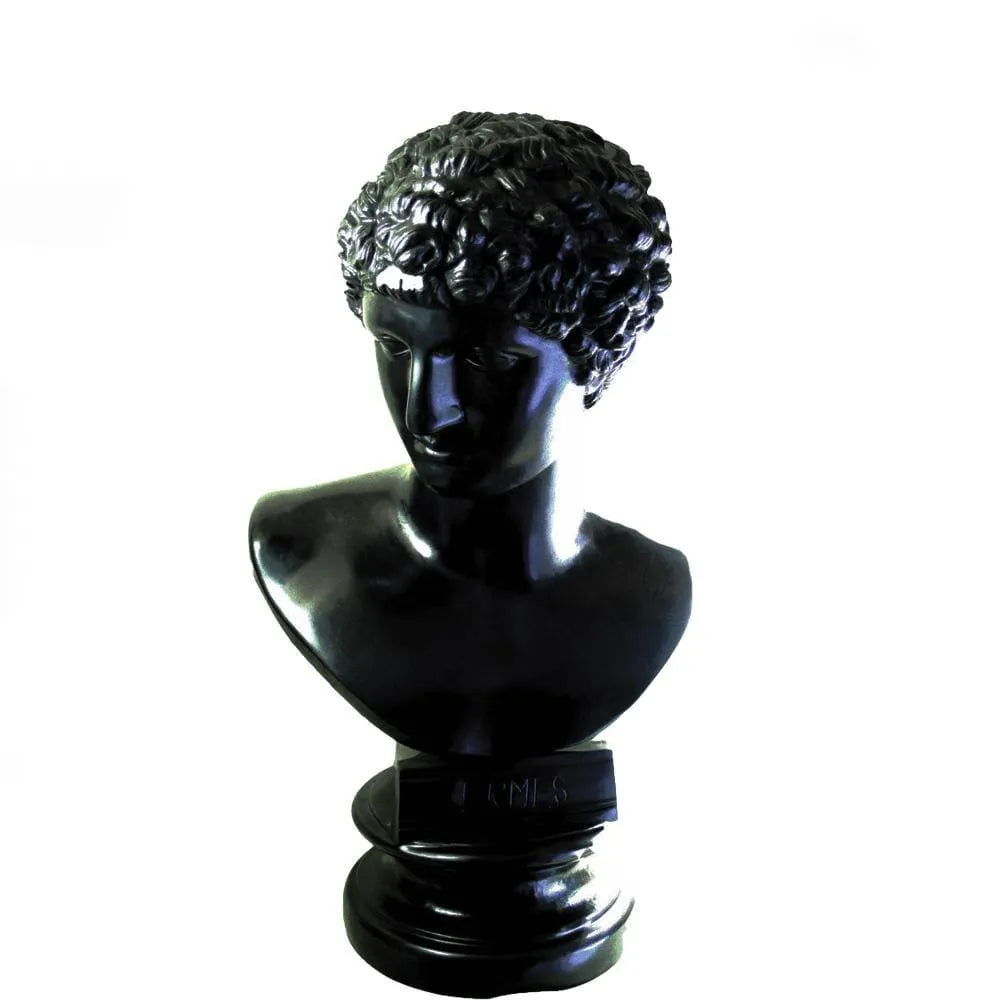 Busto di Hermes in bronzo scuro, con volto classico, capelli ricci e base rotonda, fotografato su fondo bianco.