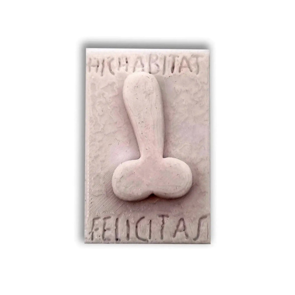 Calamita Hic Habitat Felicitas in PLA bianco, con simbolo fallico in rilievo e iscrizione, su fondo bianco.