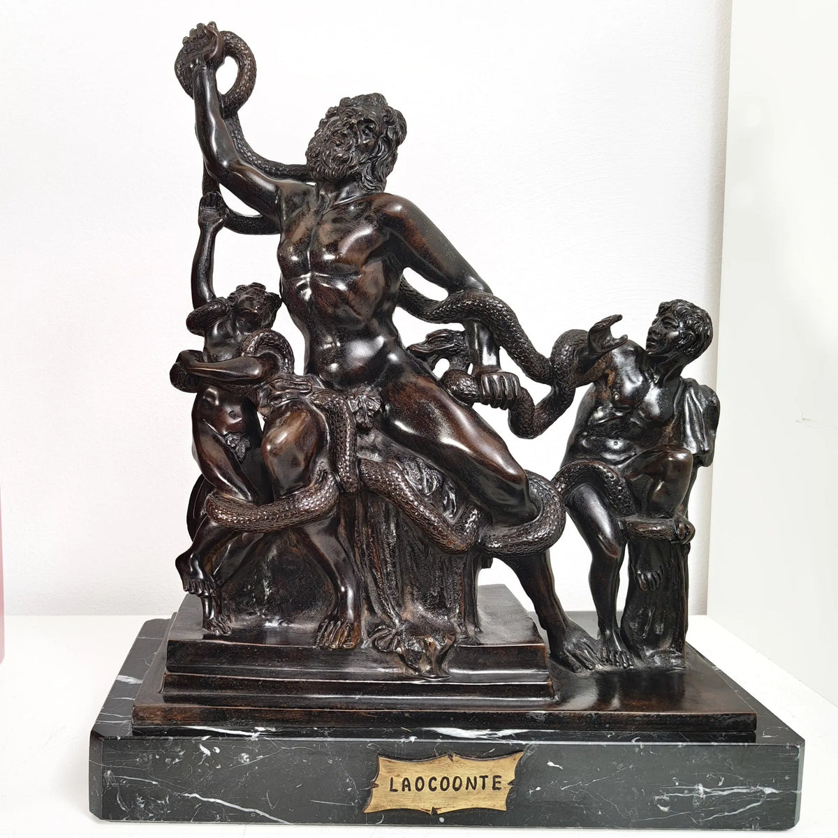 Laocoonte e i suoi figli in bronzo brunito, avvolti dai serpenti, su base in marmo scuro venato.