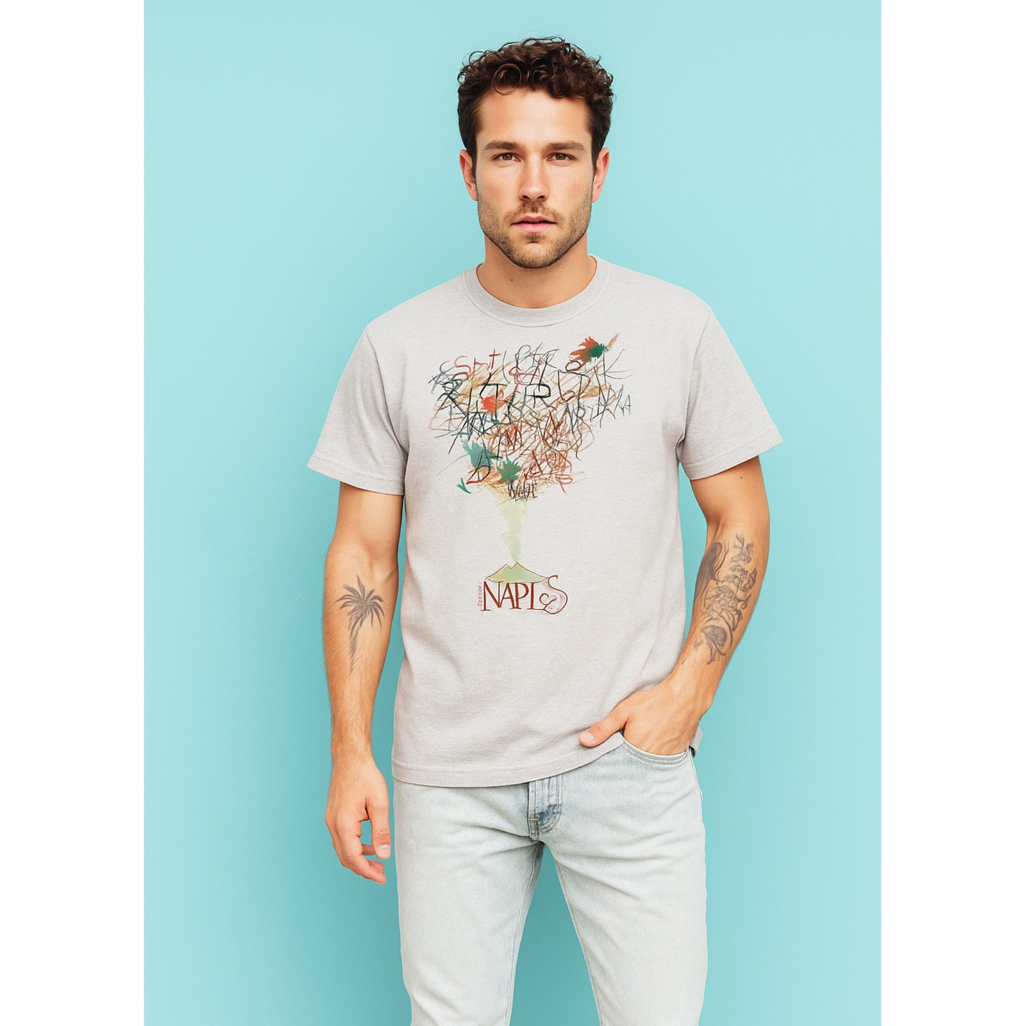 Unisex T-shirt in natural cotton with artistic design “Lettering Napoli” inspired by Vesuvius.