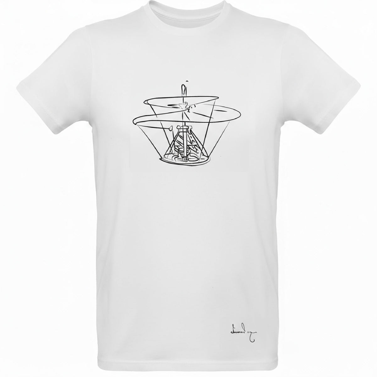 Black T-shirt with Da Vinci's Flying Machine design.