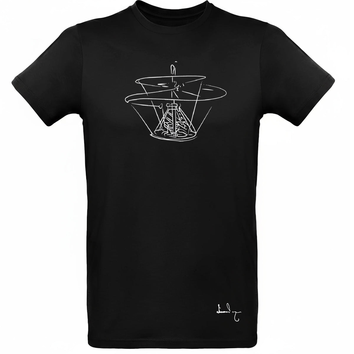 Black T-shirt with Da Vinci's Flying Machine design.