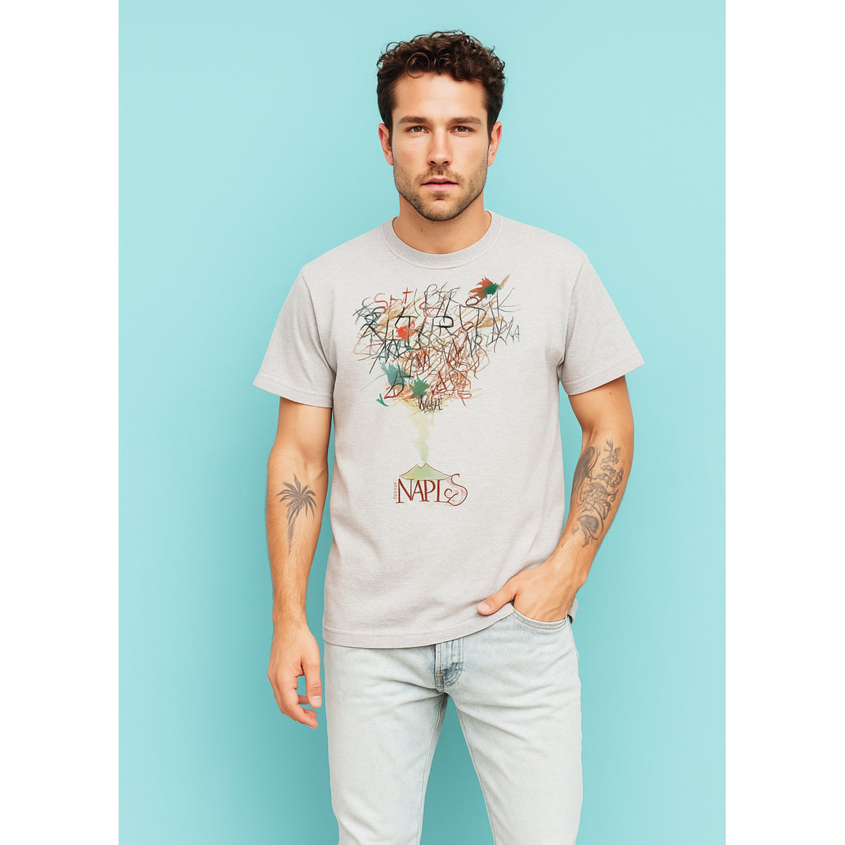 Unisex T-shirt in natural cotton with artistic design “Lettering Napoli” inspired by Vesuvius.