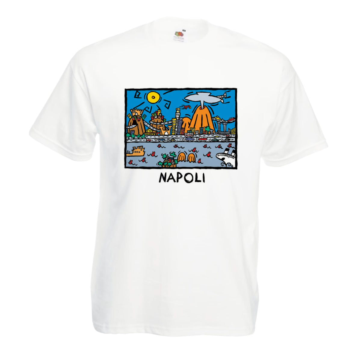 Baumwoll-T-Shirt mit Druck, inspiriert von der Kunst Alessandro Cocchias und den Farben Neapels