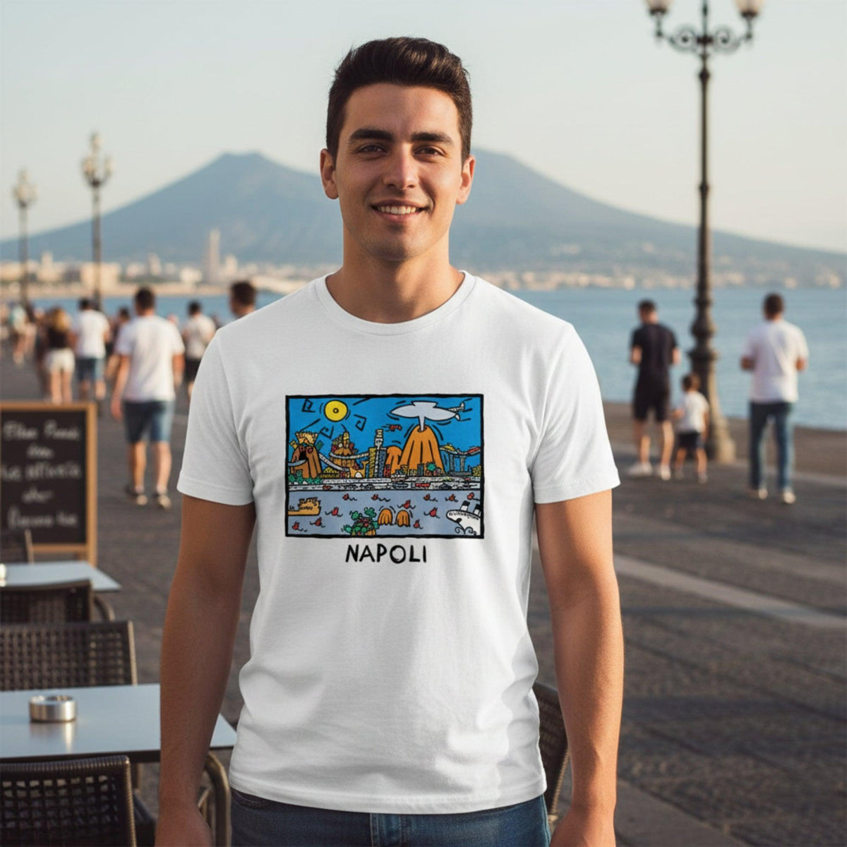 Cotton T-shirt with a print inspired by the art of Alessandro Cocchia and the colors of Naples