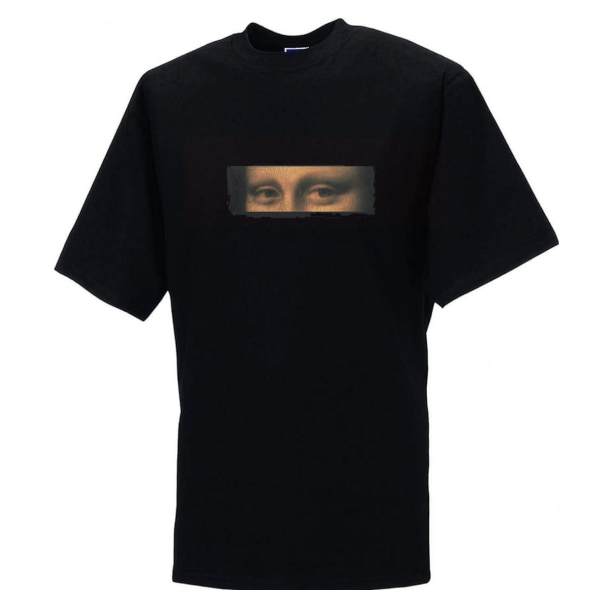 Camiseta negra con ojos de la Mona Lisa y autógrafo de Da Vinci.