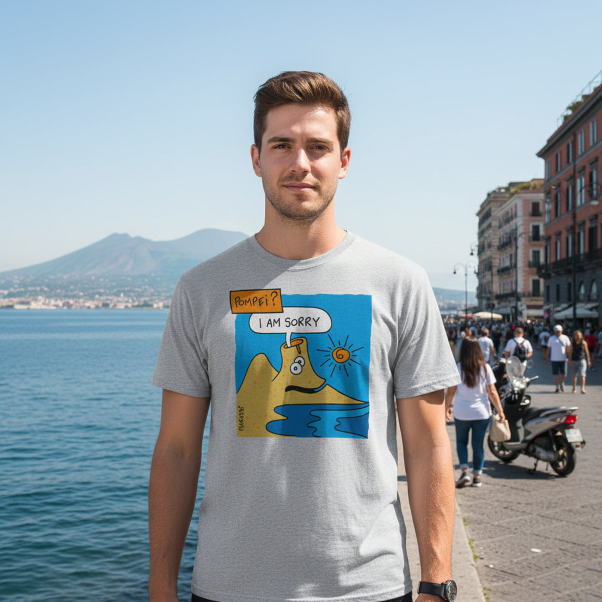 Graues Kinder-T-Shirt mit dem Aufdruck „I Am Sorry“ von Marassi, inspiriert von Pompeji und dem Vesuv.