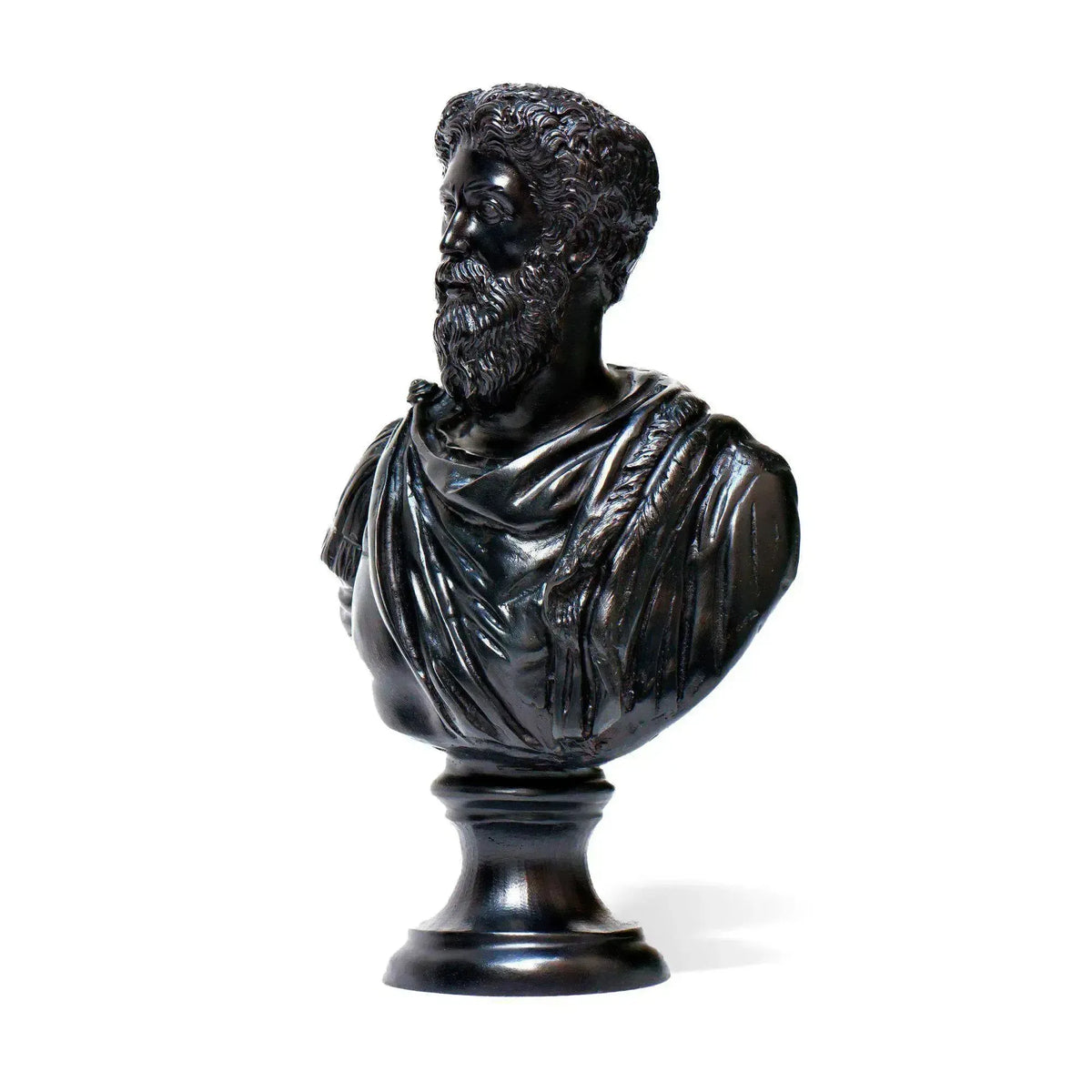 Close-up of the head of the bust of Marcus Aurelius.