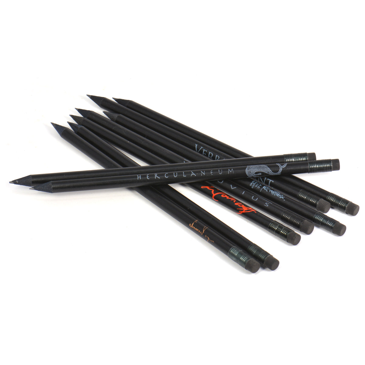 Crayon noir avec gomme décorée de phrases latines et de graphismes inspirés de Pompéi, Herculanum et de la culture italienne – vue multiple des variantes