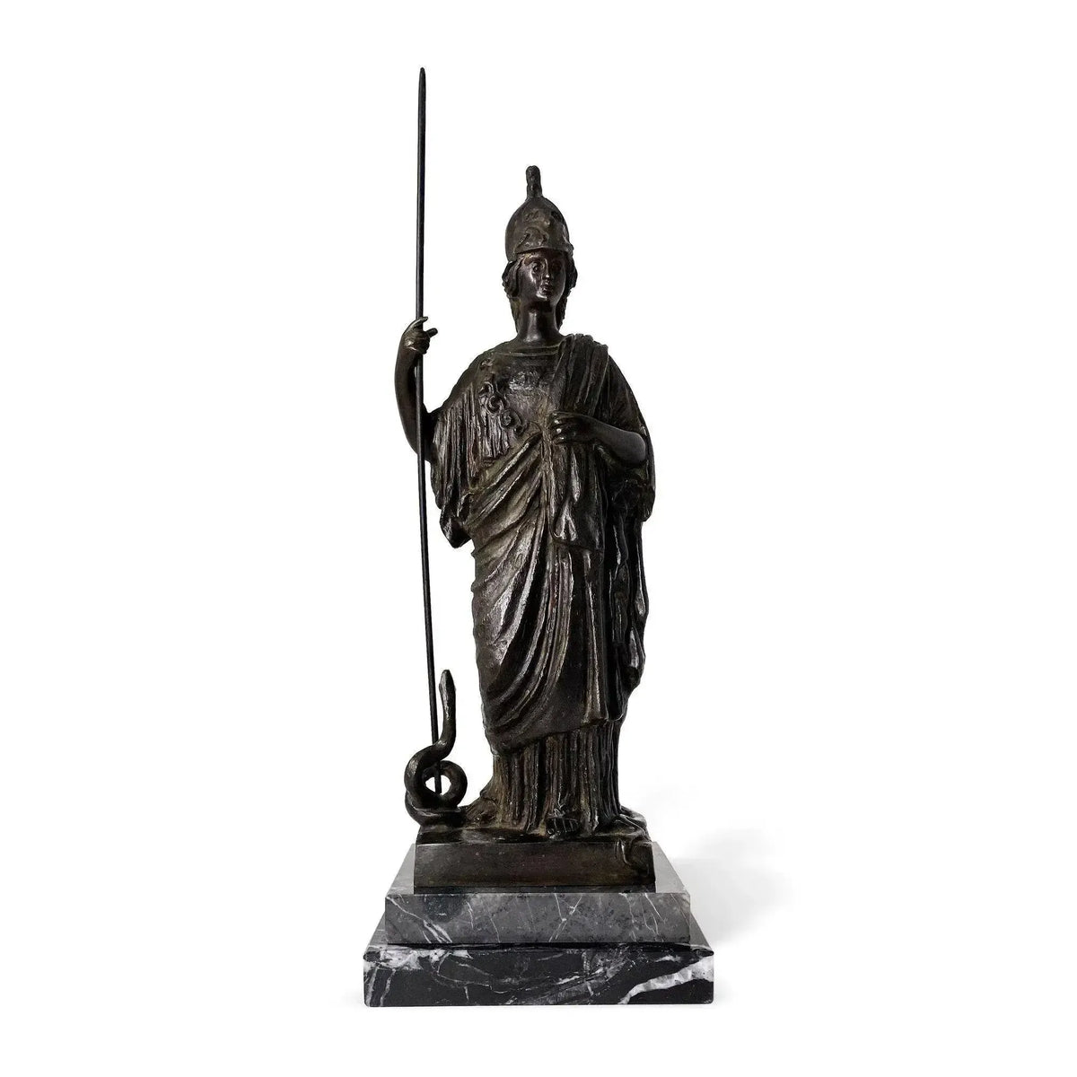 Estatua de bronce de Minerva sosteniendo una lanza.